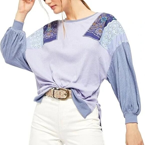 Free People Feelin' It Purple Patchwork Balloon Sleeves Oversized Top - Picture 2 of 8